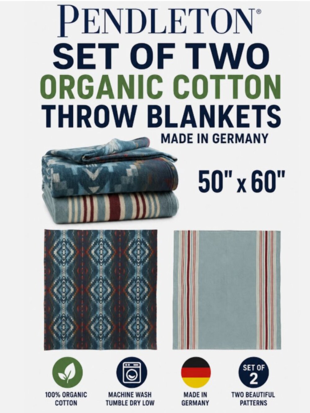 Pendleton Set of TWO 100% Organic Cotton Throw Blankets Made in Germany 50"x60"